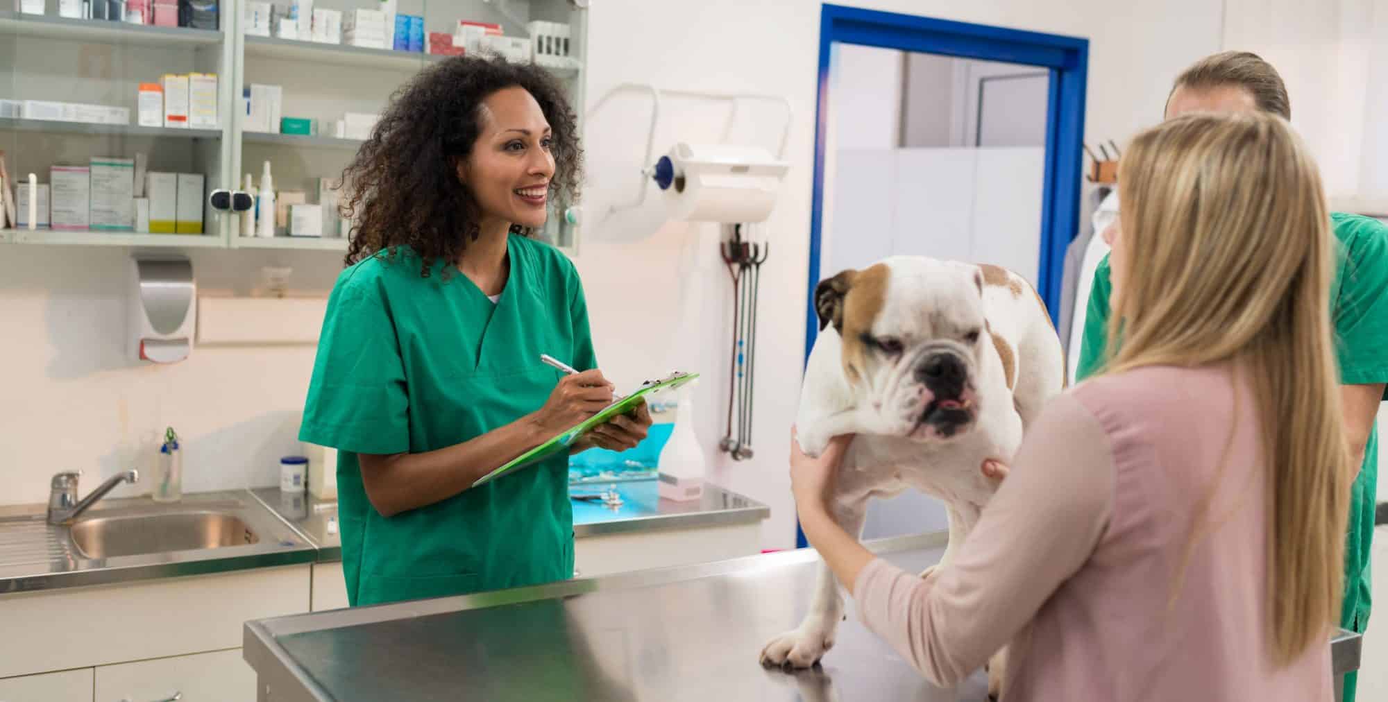 Woman with dog at Auburn vet's office.